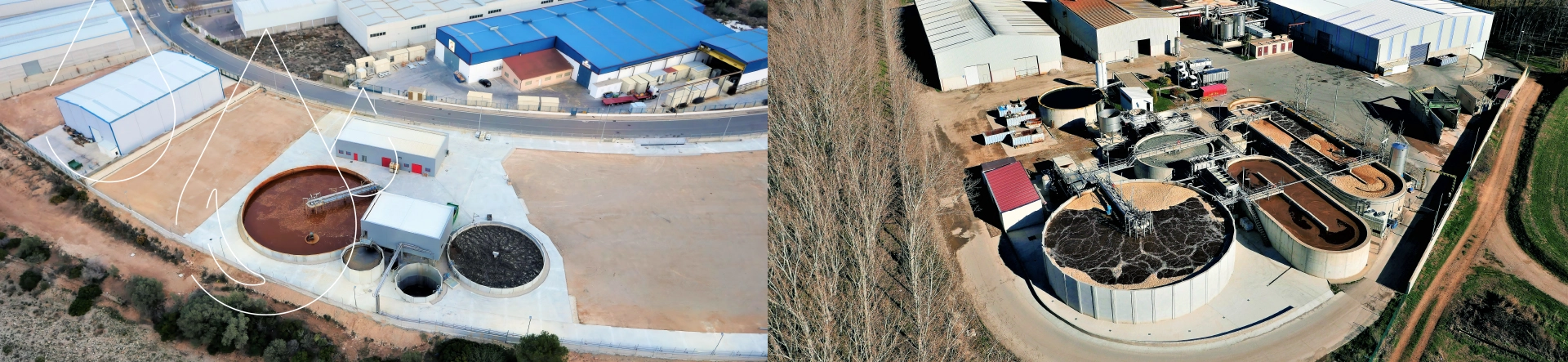 Vista aérea de una planta de tratamiento de aguas residuales para clientes industriales